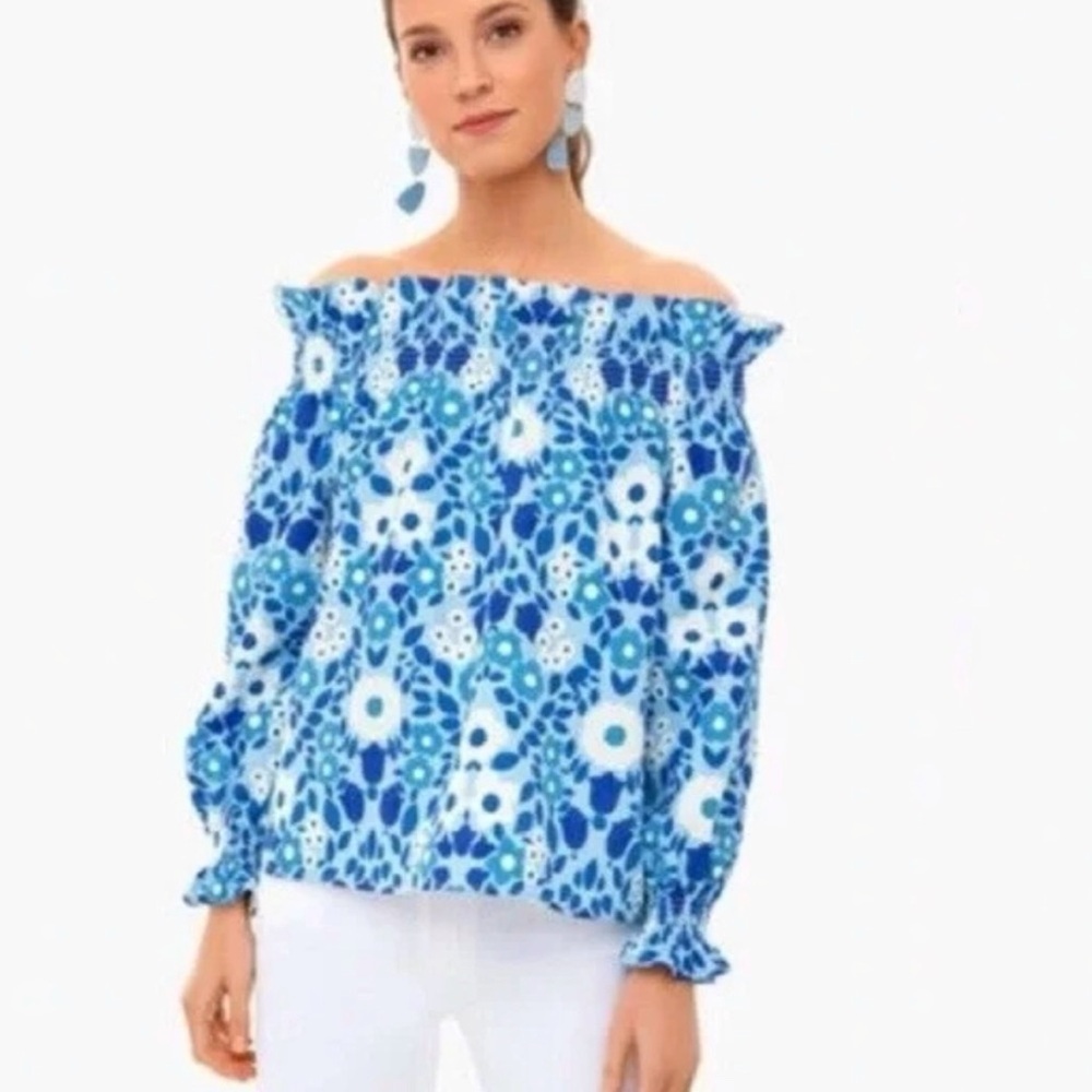Tuckernuck Blue Majolica Marguerite Off the Shoulder Blouse Size XS Floral Top